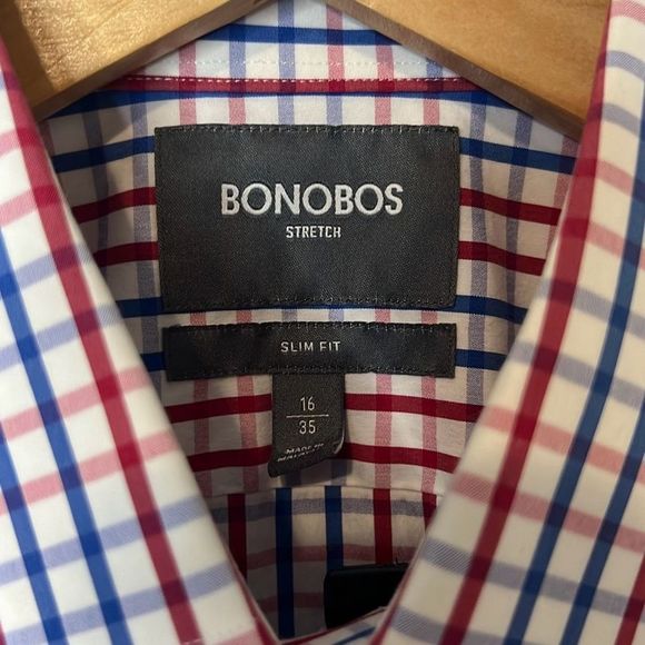 BONOBOS Men’s Slim Fit Dress Shirt 16 |35 Plaid Red Blue White Jetsetter Stretch - Picture 3 of 9
